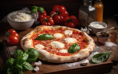 201779684 pizza margherita napolitaine originale sur fond rustique ai generatif